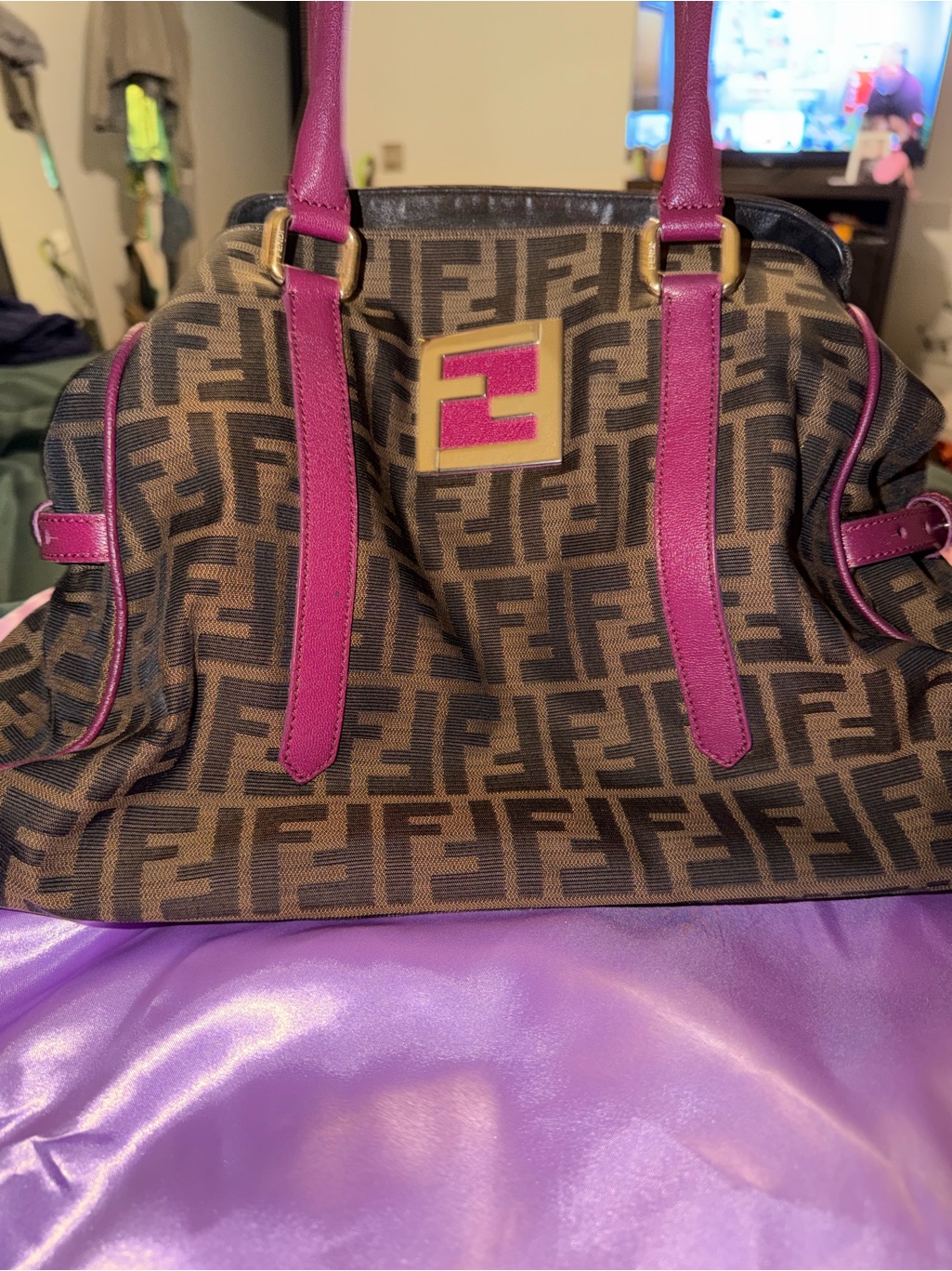 Fendi Brown Monogram Tote With Pink Leather Trim